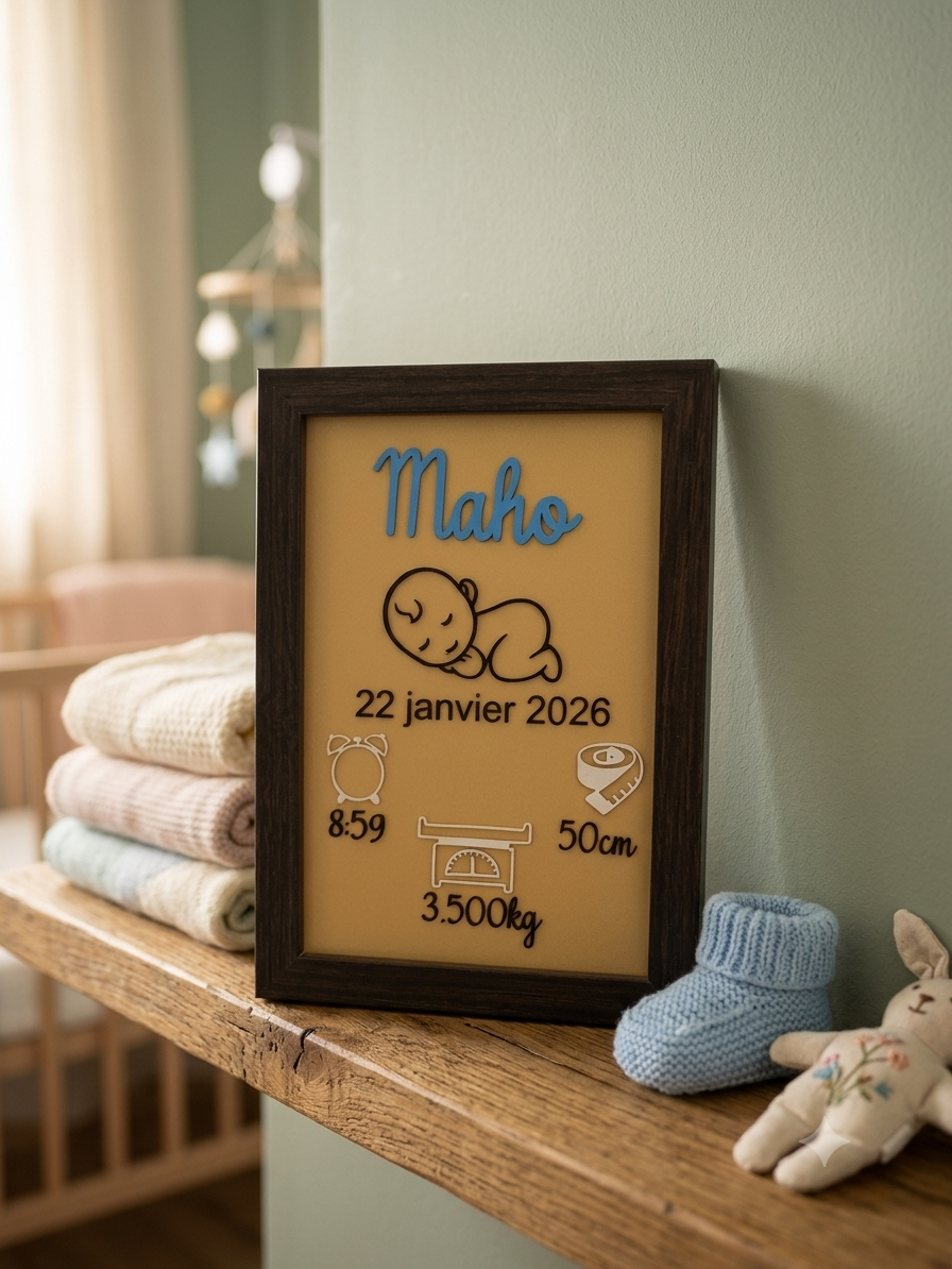 Cadre Naissance Personnalisé Bois | Cadeau Souvenir Bébé Unique