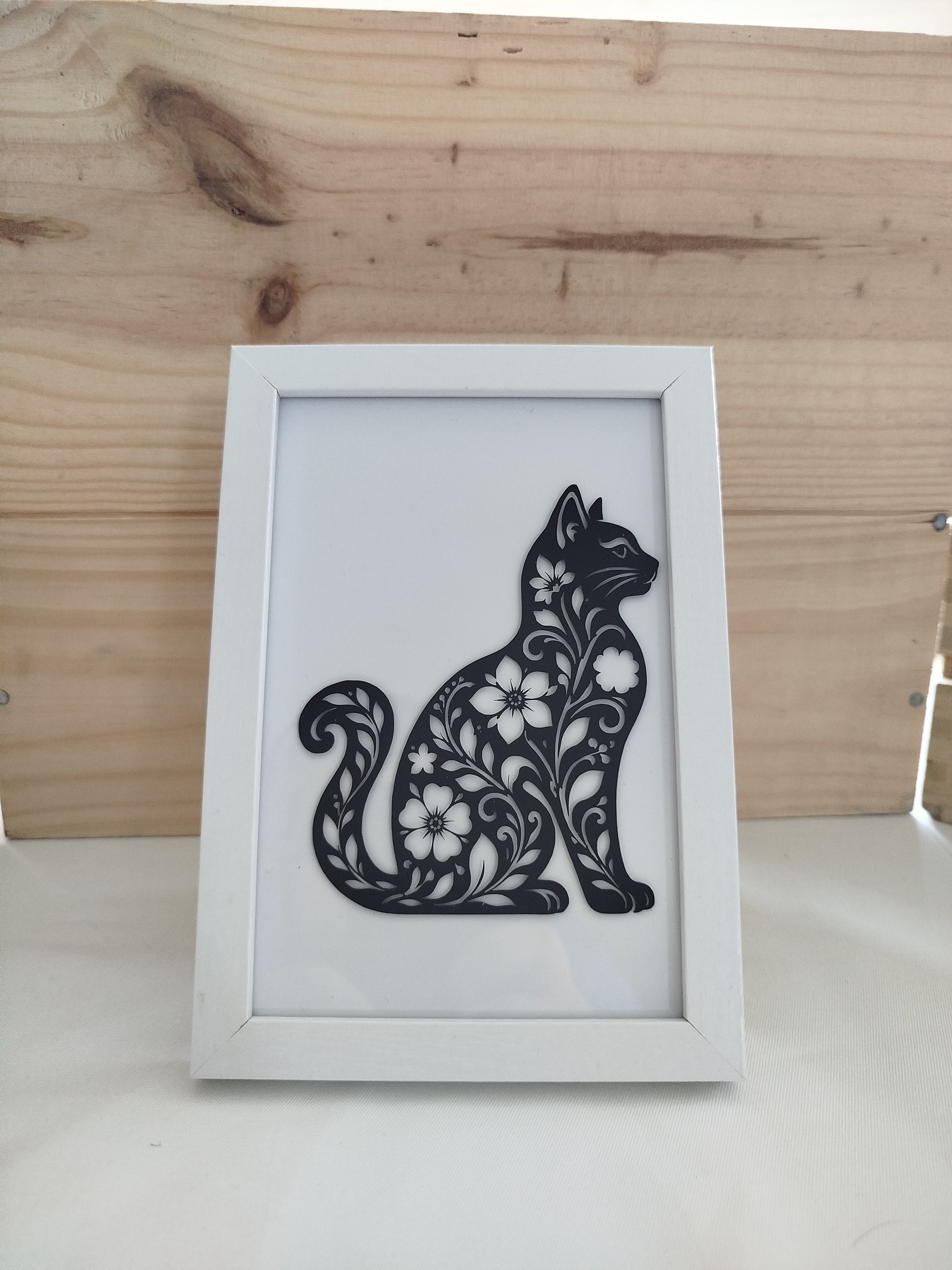 Cadre Déco "Chat Floral" - Blanc - 10x15 cm