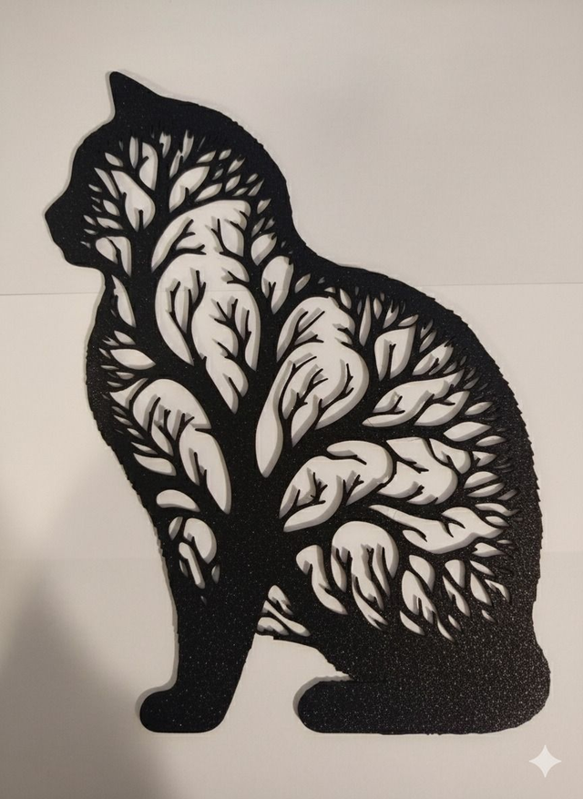 Décoration murale design en forme de chat Arbre de Vie, fabrication artisanale par impression 3D noire