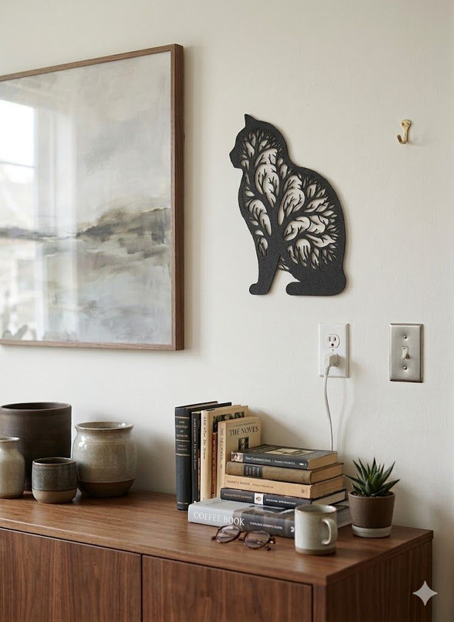 Vue d'intérieur d'une décoration murale chat Arbre de Vie installée sur un mur dans un salon moderne