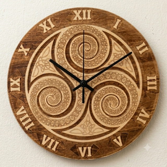 Horloge en bois Triskell celte 29cm – Gravure laser artisanale